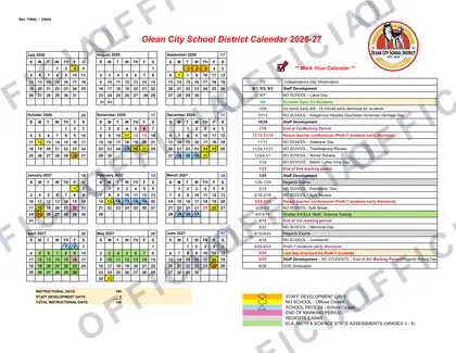 Olean City School District 2026-27 calendar