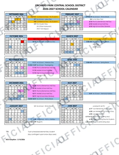 Orchard Park Central School District 2026-27 calendar