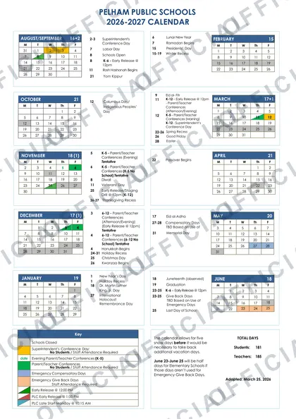 Pelham Public Schools 2026-27 calendar