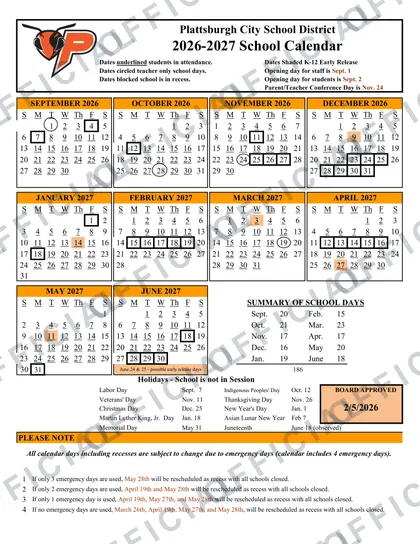 Plattsburgh City School District 2026-27 calendar