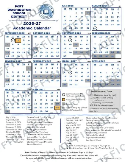 Port Washington School District 2026-27 calendar