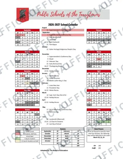 Public Schools of the Tarrytowns 2026-27 calendar