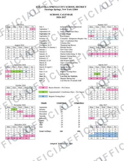 SARATOGA SPRINGS CITY SCHOOL DISTRICT 2026-27 calendar