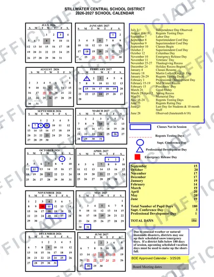 Stillwater Central School District 2026-27 calendar