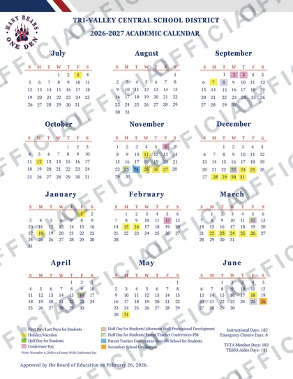 Tri-Valley Central School District 2026-27 calendar
