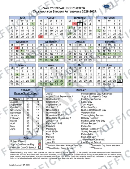 Valley Stream UFSD Thirteen 2026-27 calendar