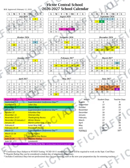 Victor Central School 2026-27 calendar
