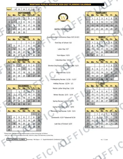WANTAGH PUBLIC SCHOOLS 2026-27 calendar