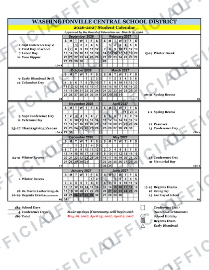 Washingtonville Central School District 2026-27 calendar