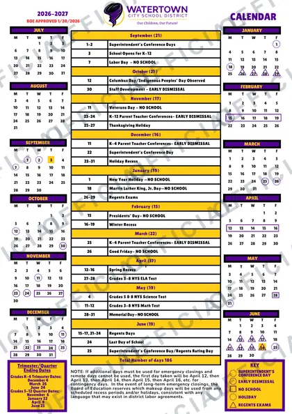 Watertown City School District 2026-27 calendar