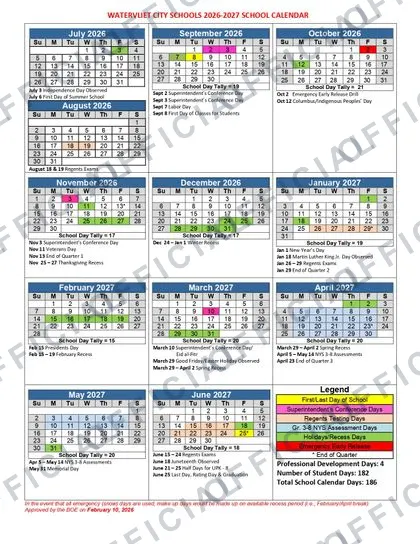 Watervliet City Schools 2026-27 calendar