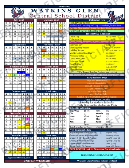 Watkins Glen Central School District 2026-27 calendar