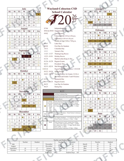 Wayland-Cohocton CSD 2026-27 calendar