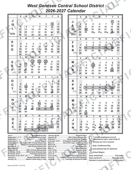West Genesee Central School District 2026-27 calendar
