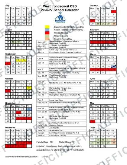 West Irondequoit CSD 2026-27 calendar