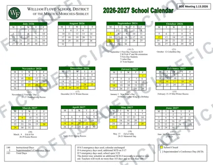 William Floyd School District of the Mastics-Moriches-Shirley 2026-27 calendar