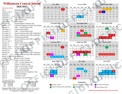 Williamson Central School 2026-27 calendar