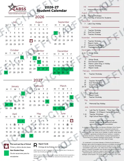 Alamance-Burlington School System 2026-27 calendar