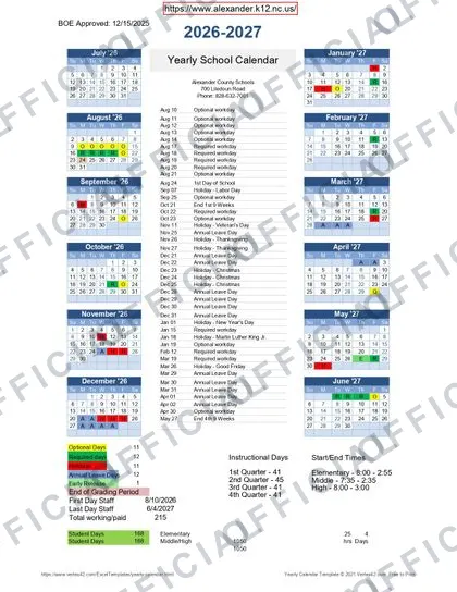 Alexander County Schools 2026-27 calendar
