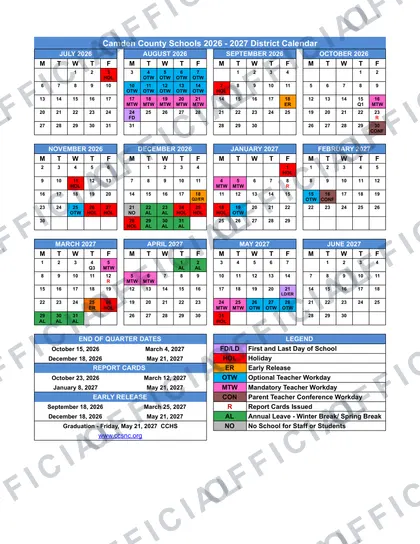 Camden County Schools 2026-27 calendar