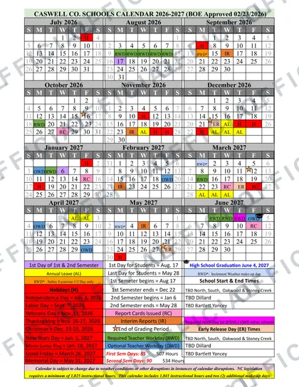 Caswell County Schools 2026-27 calendar