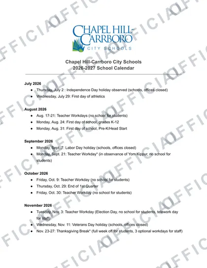 Chapel Hill-Carrboro City Schools 2026-27 calendar