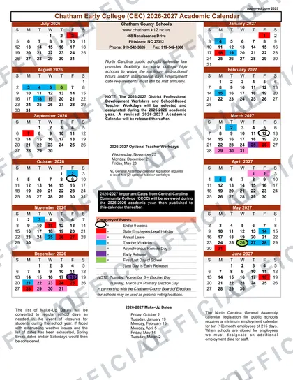 Chatham Early College CEC 2026-27 calendar