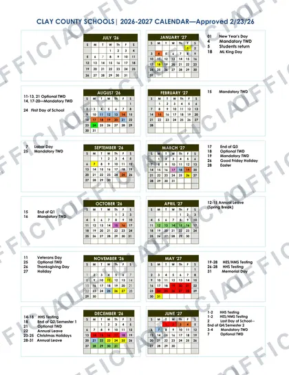 Clay County Schools 2026-27 calendar