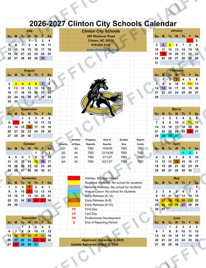 Clinton City Schools 2026-27 calendar