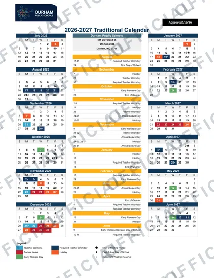 Durham Public Schools 2026-27 calendar