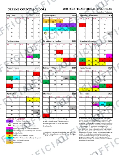 Greene County Schools 2026-27 calendar