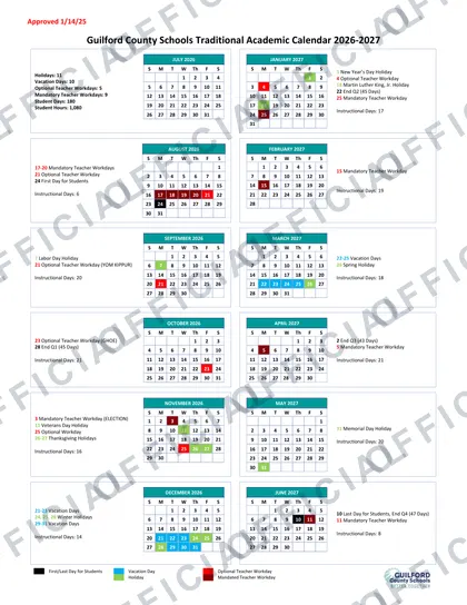 Guilford County Schools Traditional Academic 2026-27 calendar