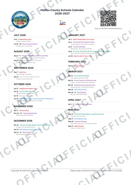 Halifax County Schools 2026-27 calendar