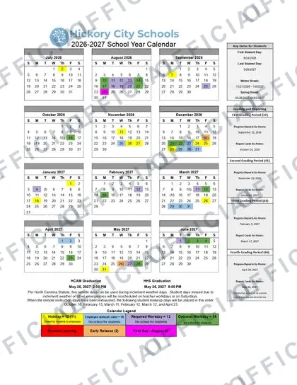 Hickory City Schools 2026-27 calendar