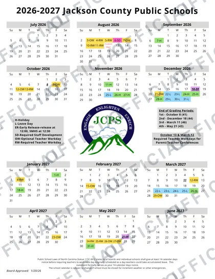 Jackson County Public Schools 2026-27 calendar