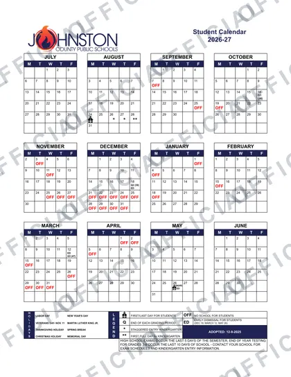 Johnston County nc Schools 2026-27 calendar