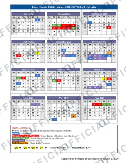 Jones County Public Schools 2026-27 calendar
