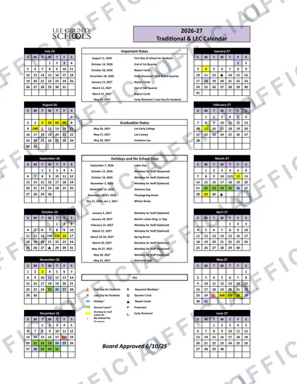 Lee County NC Schools 2026-27 calendar