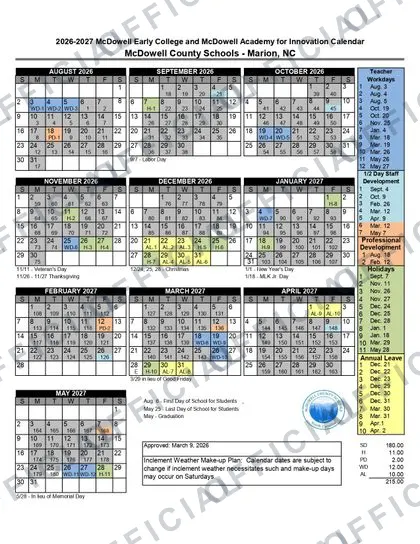 Mcdowell County Schools Early College 2026-27 calendar