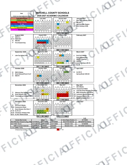 Mitchell County Schools 2026-27 calendar
