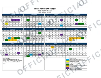 Mount Airy City Schools 2026-27 calendar