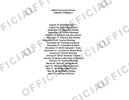 Ocracoke School 2026-27 calendar