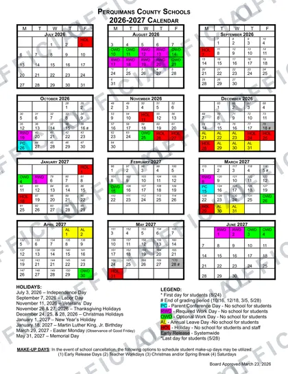 Perquimans County Schools 2026-27 calendar