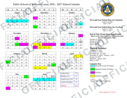 Public Schools of Robeson County 2026-27 calendar