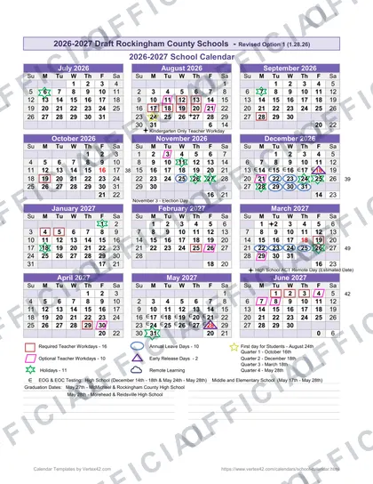 Rockingham County NC Schools 2026-27 calendar
