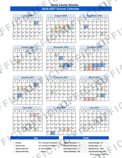 Stanly County Schools 2026-27 calendar