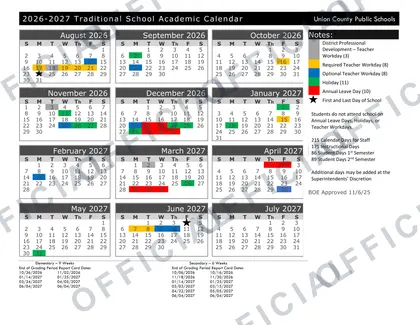 Union County Public Schools 2026-27 calendar