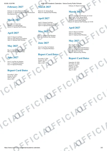 Vance County Public Schools 2026-27 calendar