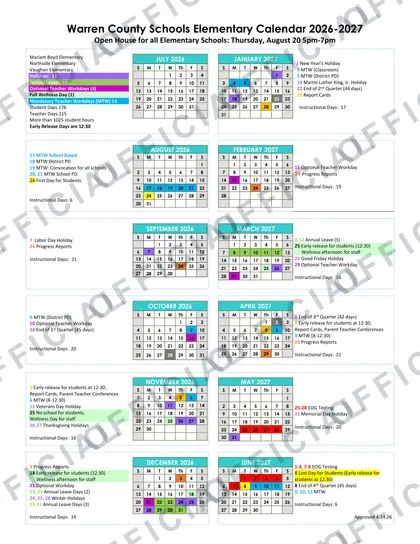 Warren County Schools Elementary 2026-27 calendar