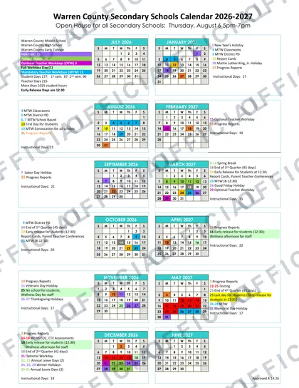 Warren County Secondary Schools 2026-27 calendar